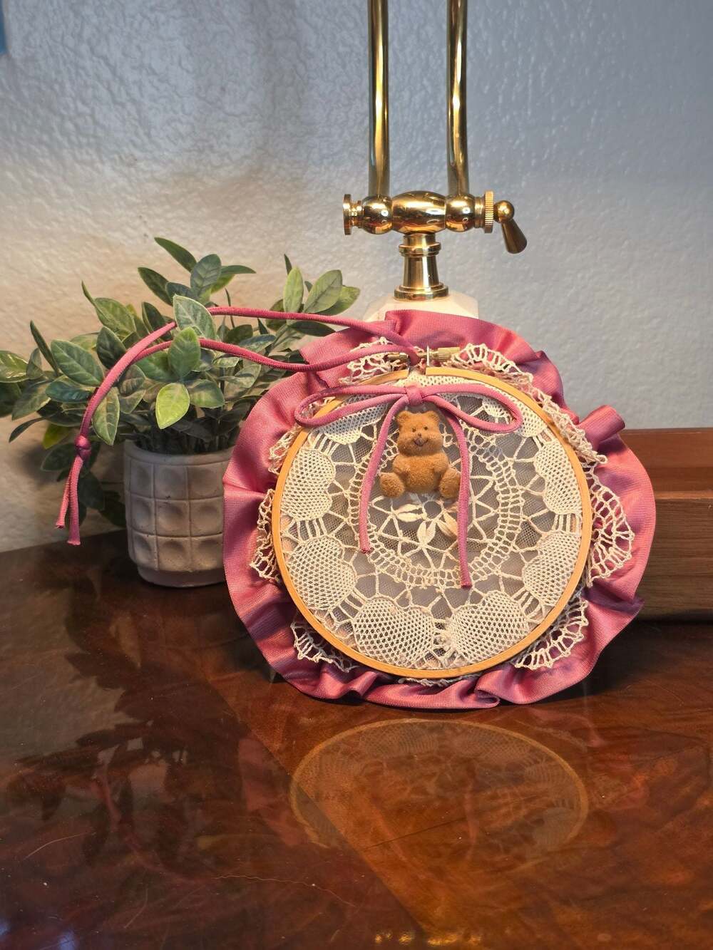 Vintage Handcrafted Lace Doily and Teddy Bear Embroidery Hoop Wall Decor